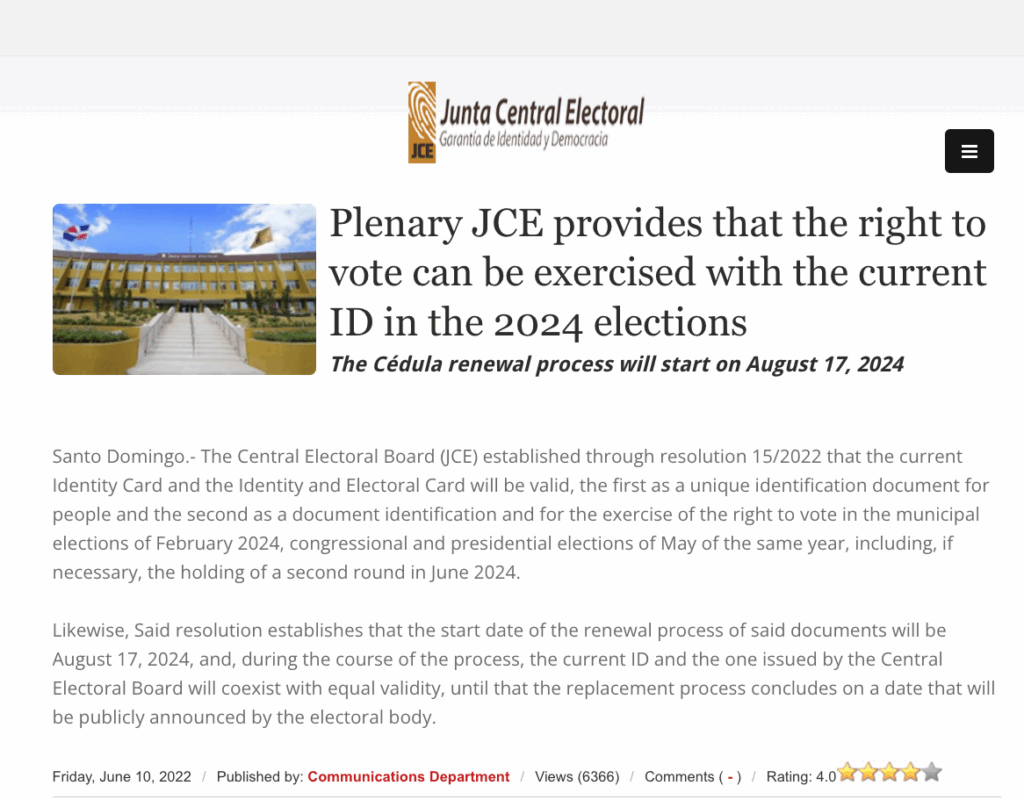 The renewal of expired ID (cedula) in the Dominican Republic in 2024 is postponed until October.