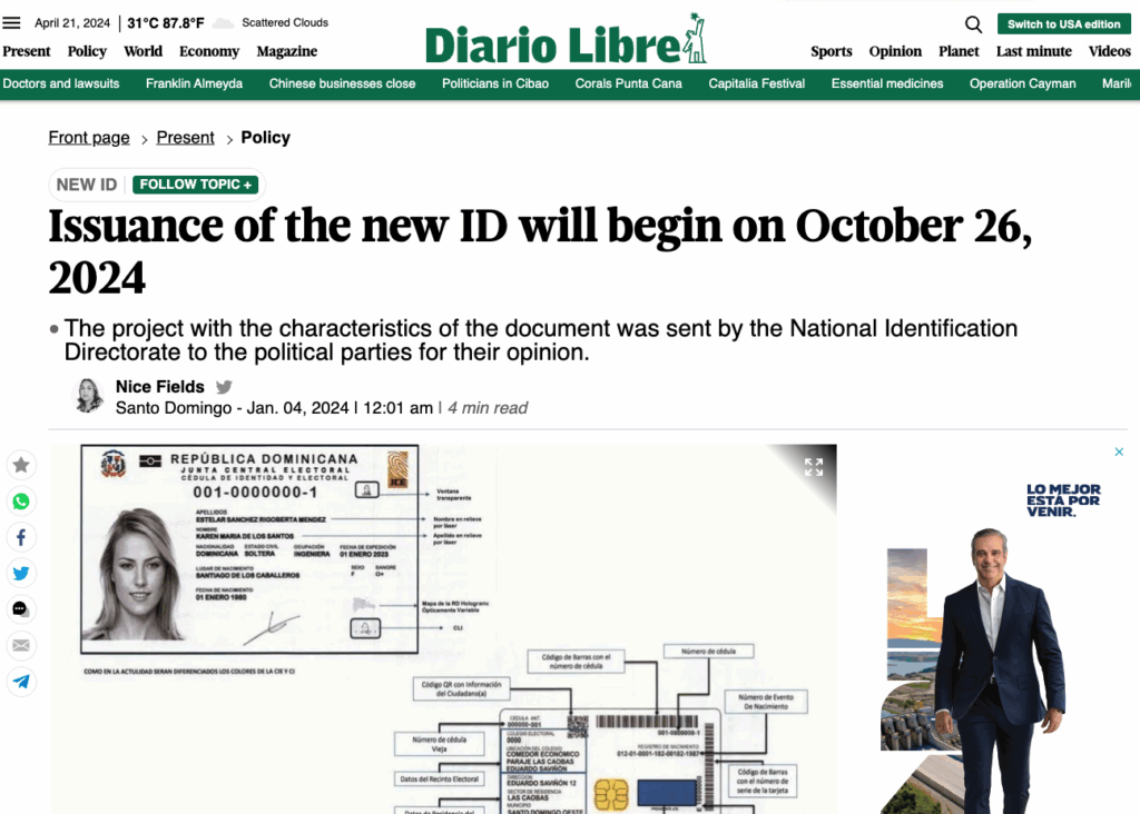 The renewal of expired ID (cedula) in the Dominican Republic in 2024 is postponed until October.